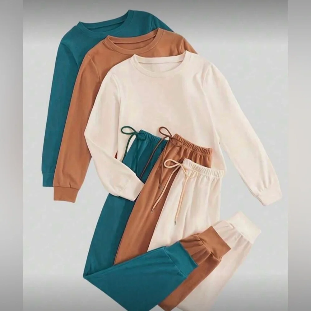 Women’s 2 Piece Loungewear Set Long Sleeve Top & Pants Camel Teal or Cream Fall - Picture 8 of 8